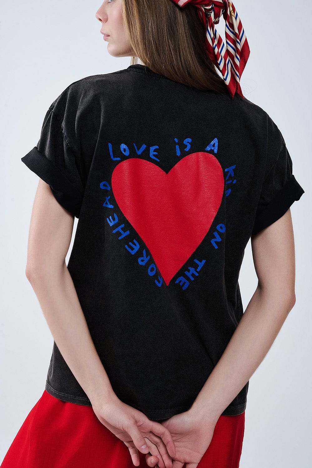 Q2 Women's Tees & Tanks One Size / Black Black T-Shirt Featuring A Heart Design On Both The Front And Back
