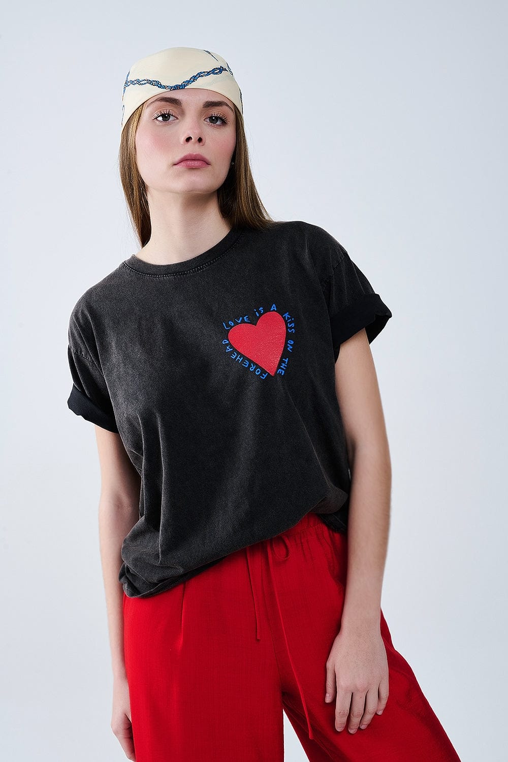 Q2 Women's Tees & Tanks One Size / Black Black T-Shirt Featuring A Heart Design On Both The Front And Back