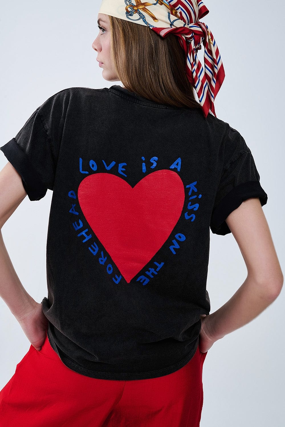 Q2 Women's Tees & Tanks One Size / Black Black T-Shirt Featuring A Heart Design On Both The Front And Back