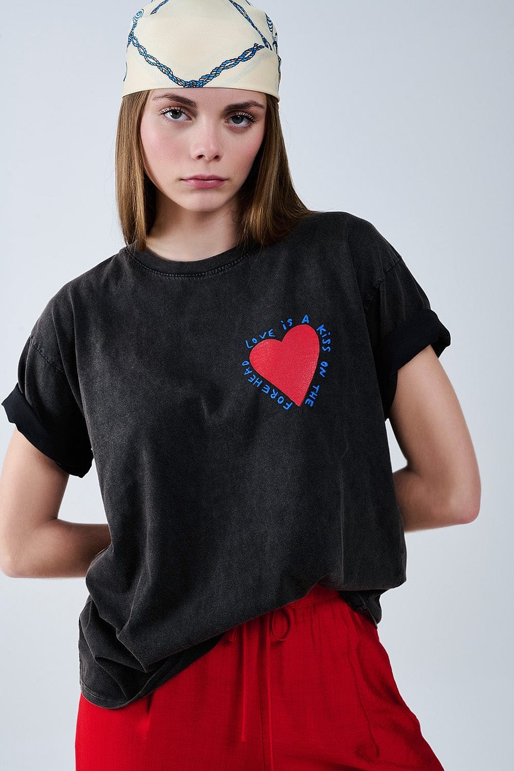 Q2 Women's Tees & Tanks One Size / Black Black T-Shirt Featuring A Heart Design On Both The Front And Back