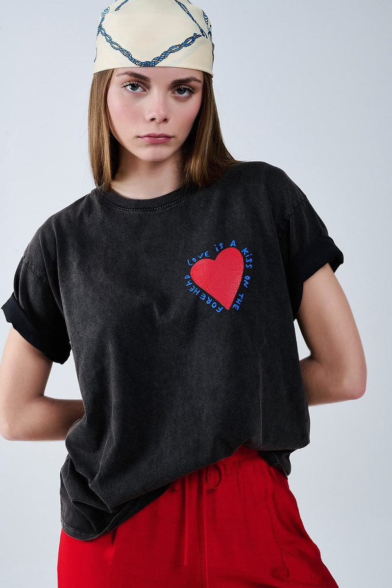 Q2 Women's Tees & Tanks One Size / Black Black T-Shirt Featuring A Heart Design On Both The Front And Back