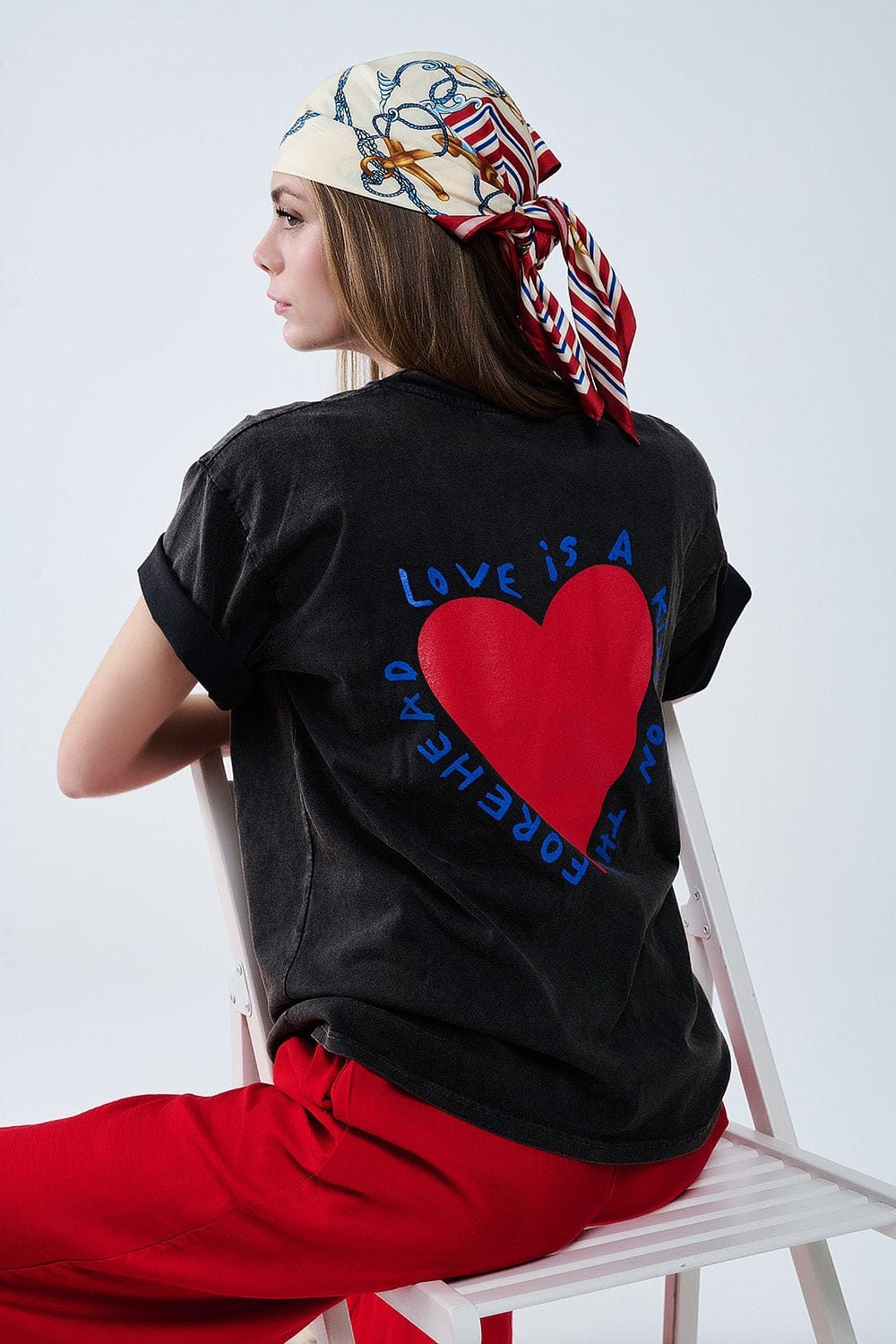 Q2 Women's Tees & Tanks One Size / Black Black T-Shirt Featuring A Heart Design On Both The Front And Back