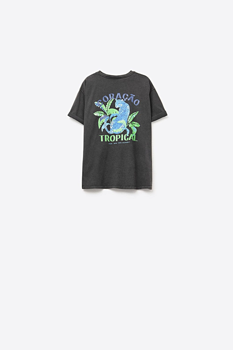 Q2 Women's Tees & Tanks One Size / Black Black T-Shirt Made In Italy With Tropical Graphic Print