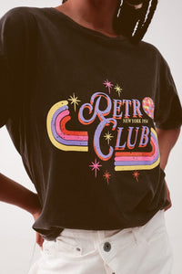 Q2 Women's Tees & Tanks One Size / Black / China Relaxed T-Shirt in Washed Black with Retro Club Print