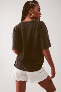 Q2 Women's Tees & Tanks One Size / Black / China Relaxed T-Shirt in Washed Black with Retro Club Print