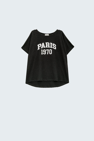 Q2 Women's Tees & Tanks One Size / Black Relaxed Black T-Shirt Printed Paris 1970 In White