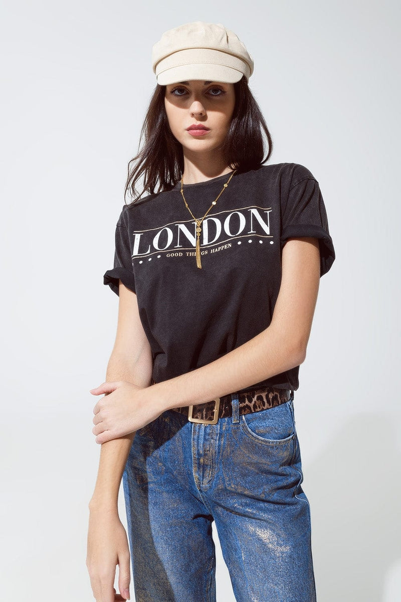 Q2 Women's Tees & Tanks One Size / Black Relaxed Fit T-Shirt In Washed Black With London Logo