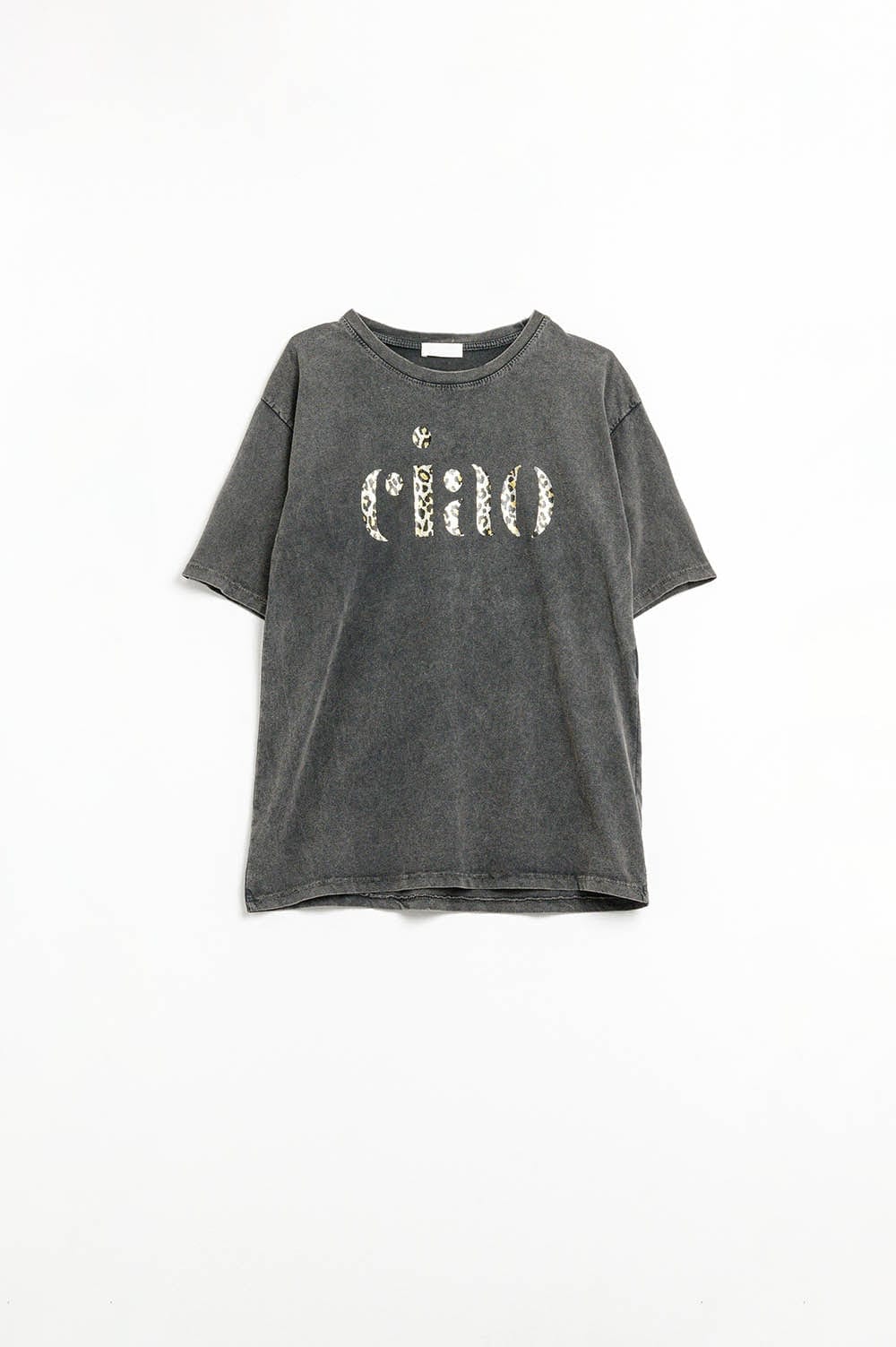 Q2 Women's Tees & Tanks One Size / Black Relaxed Stonewashed Black T-Shirt With Ciao In Leopard Print