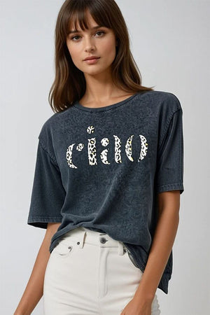 Q2 Women's Tees & Tanks One Size / Black Relaxed Stonewashed Black T-Shirt With Ciao In Leopard Print