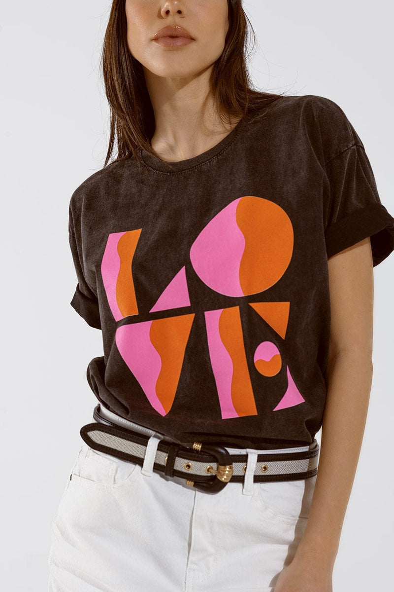 Q2 Women's Tees & Tanks One Size / Black T-Shirt With Love Art Deco Digital Print In Washed Black