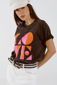 Q2 Women's Tees & Tanks One Size / Black T-Shirt With Love Art Deco Digital Print In Washed Black