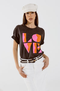 Q2 Women's Tees & Tanks One Size / Black T-Shirt With Love Art Deco Digital Print In Washed Black