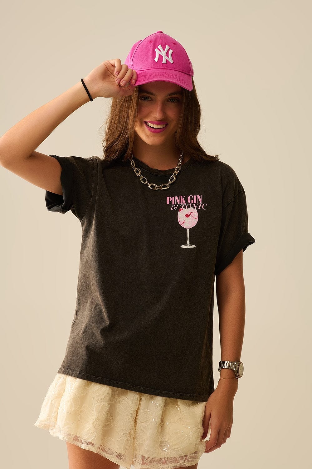 Q2 Women's Tees & Tanks One Size / Black Washed Black Pink Tonic T-Shirt