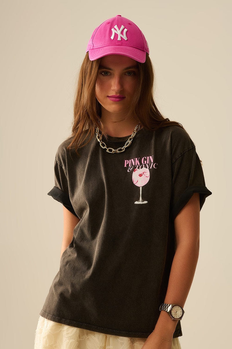 Q2 Women's Tees & Tanks One Size / Black Washed Black Pink Tonic T-Shirt