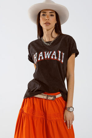 Q2 Women's Tees & Tanks One Size / Black Washed Effect Hawaii T-Shirt In Black