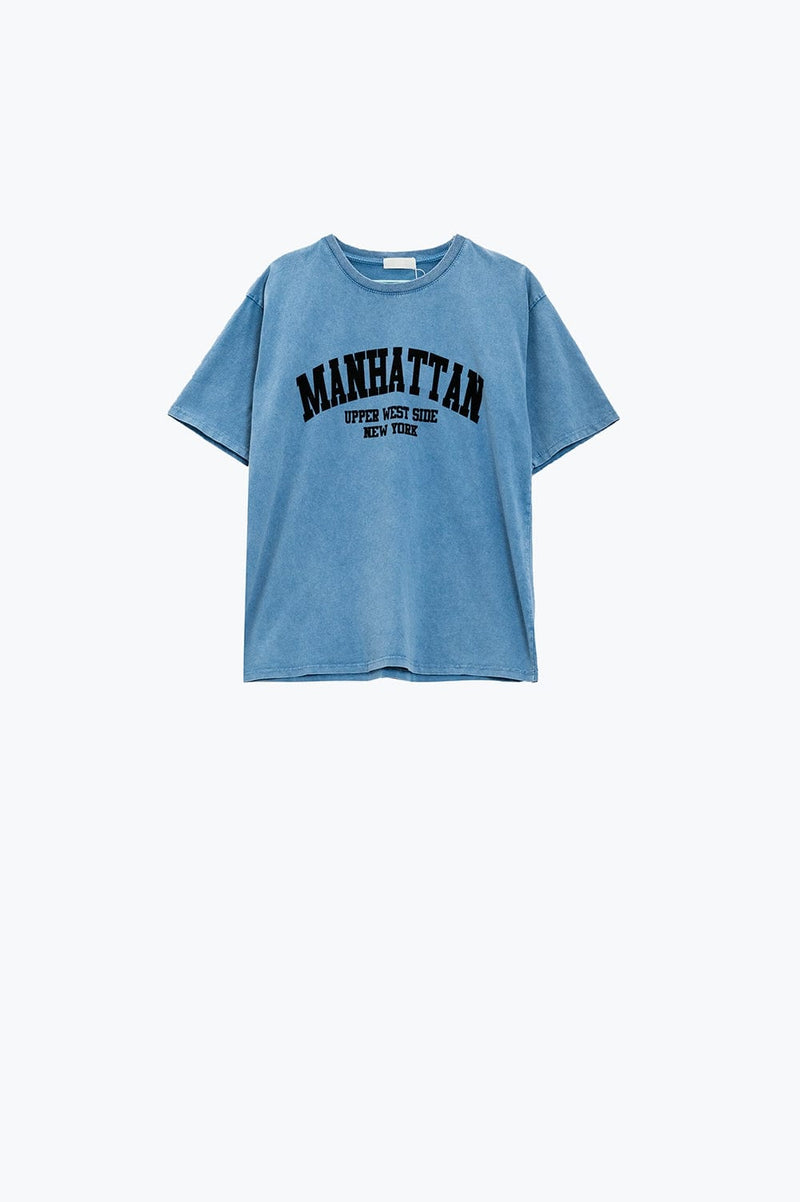 Q2 Women's Tees & Tanks One Size / Blue Blue Relaxed T-Shirt With Manhattan Text