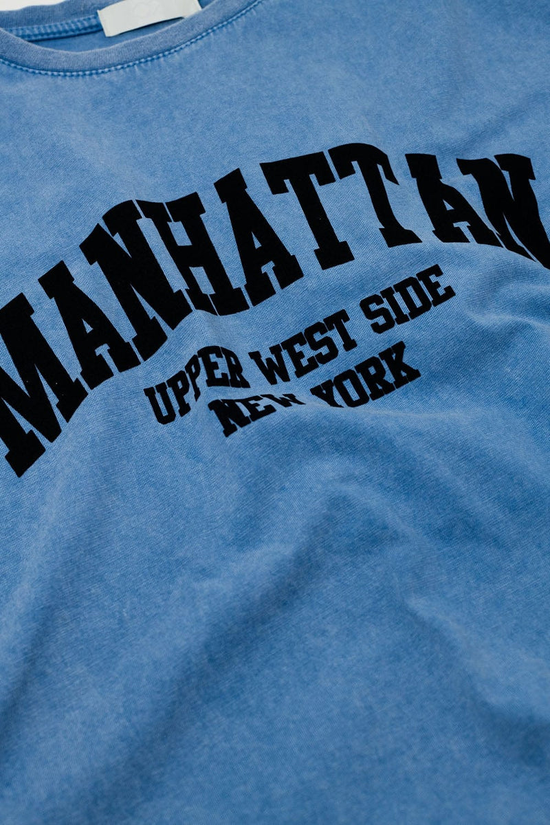 Q2 Women's Tees & Tanks One Size / Blue Blue Relaxed T-Shirt With Manhattan Text