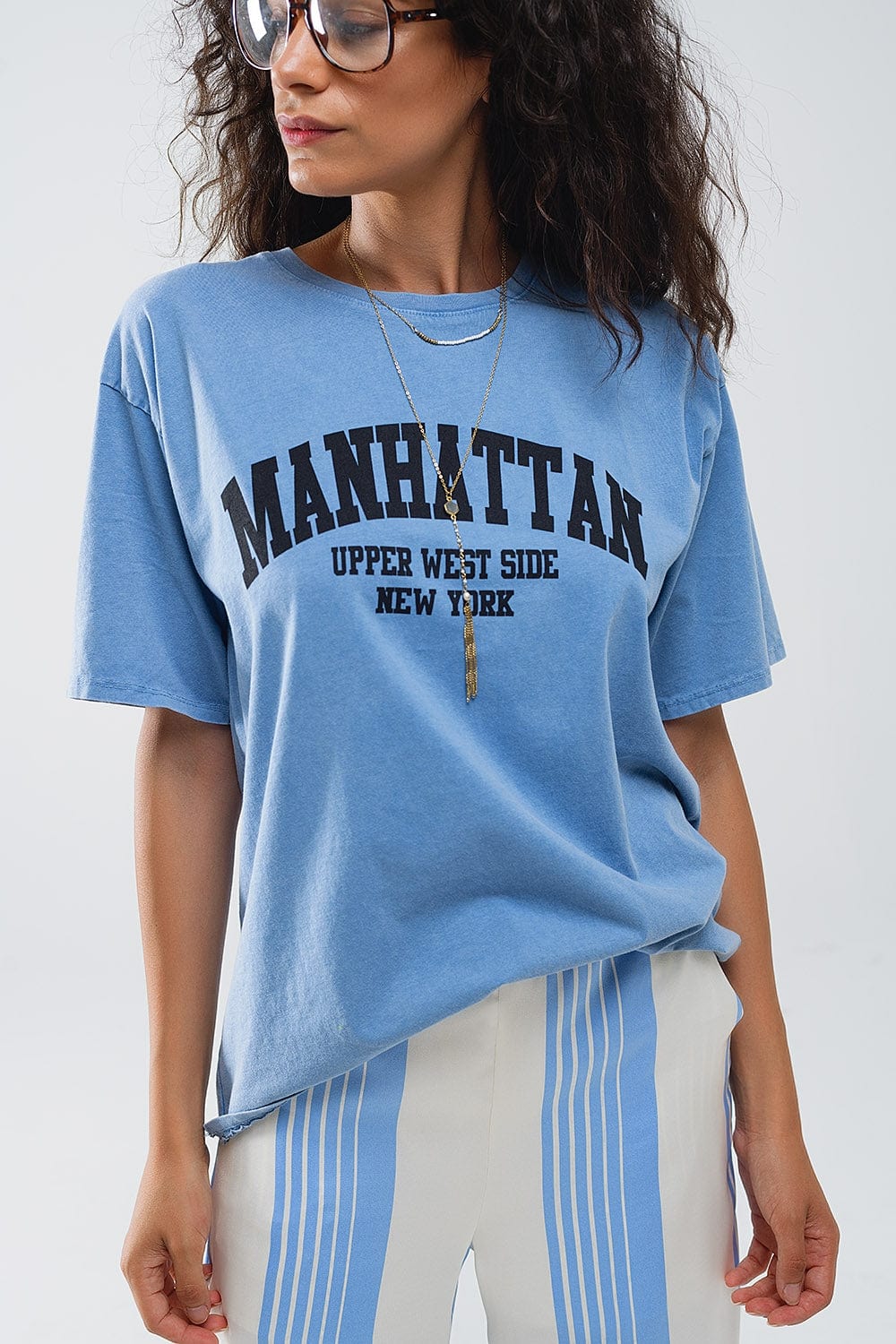 Q2 Women's Tees & Tanks One Size / Blue Blue Relaxed T-Shirt With Manhattan Text