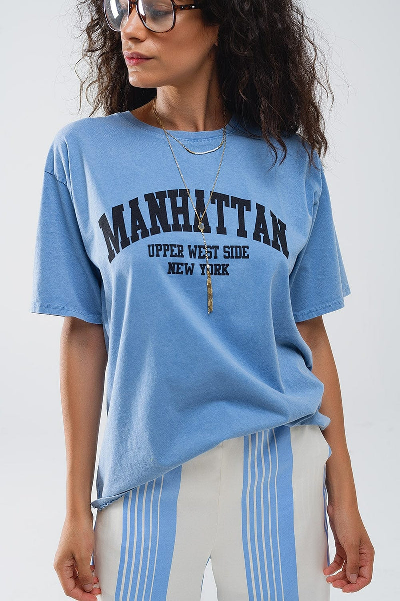 Q2 Women's Tees & Tanks One Size / Blue Blue Relaxed T-Shirt With Manhattan Text