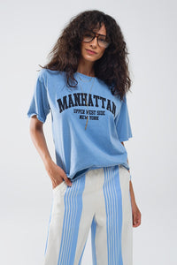 Q2 Women's Tees & Tanks One Size / Blue Blue Relaxed T-Shirt With Manhattan Text