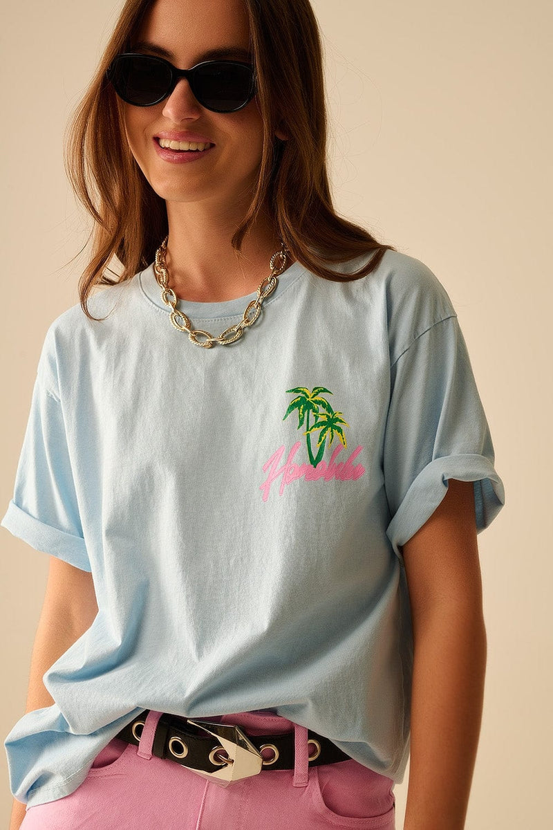 Q2 Women's Tees & Tanks One Size / Blue Blue T-Shirt Made In Italy With Honolulu Graphic