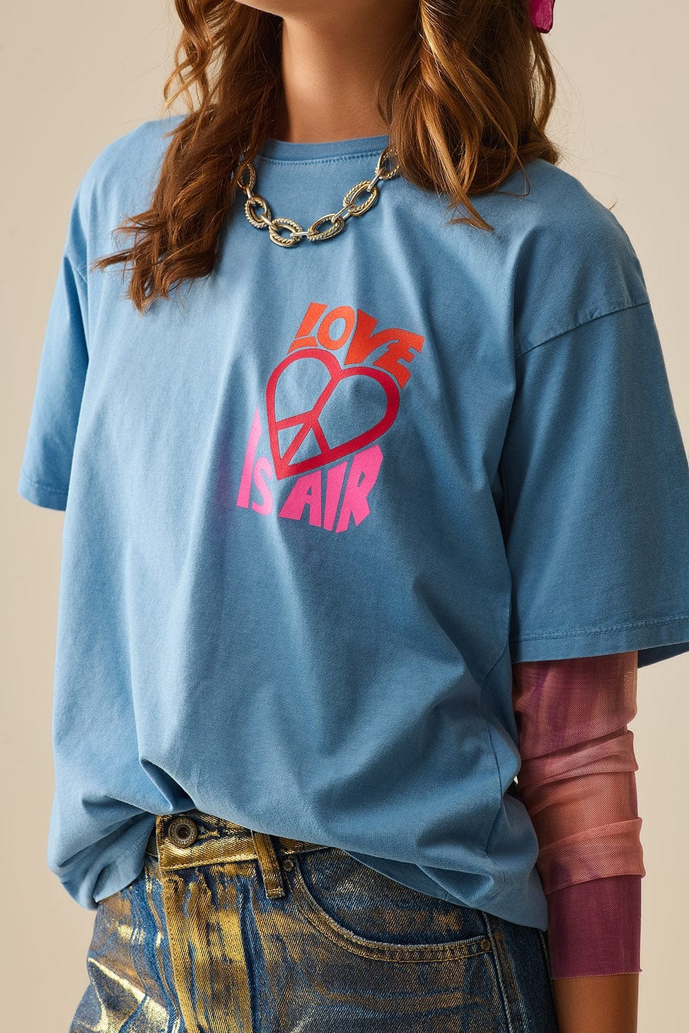 Q2 Women's Tees & Tanks One Size / Blue Blue T-Shirt Made In Italy With Love Is Air And Heart With Peace Logo