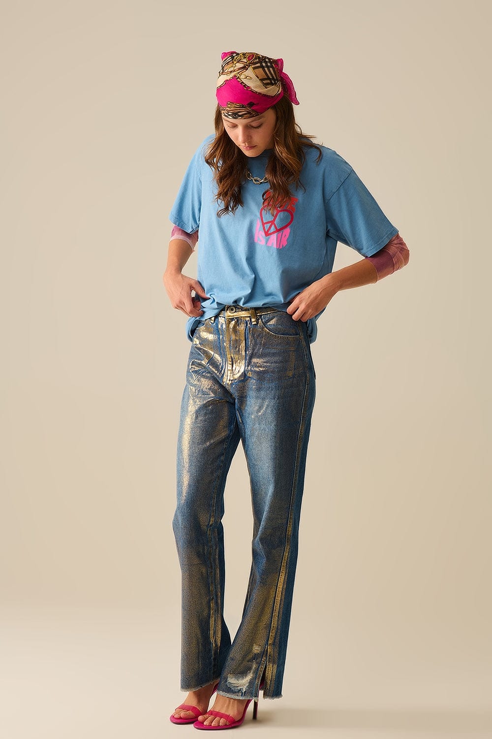 Q2 Women's Tees & Tanks One Size / Blue Blue T-Shirt Made In Italy With Love Is Air And Heart With Peace Logo