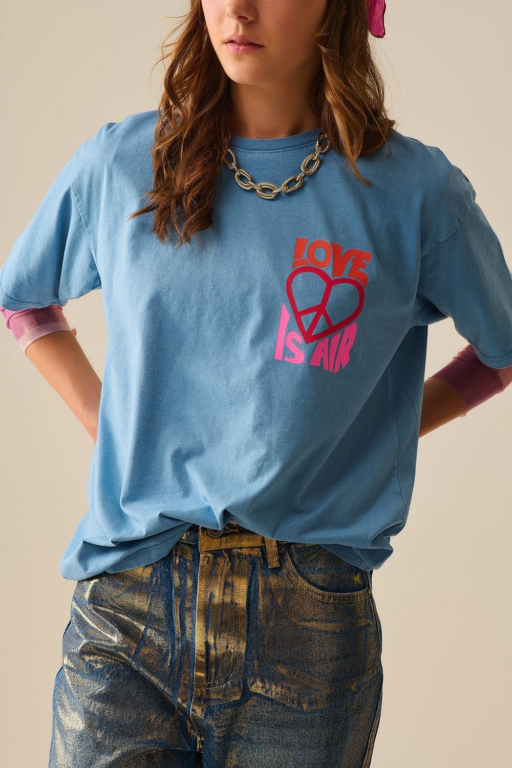 Q2 Women's Tees & Tanks One Size / Blue Blue T-Shirt Made In Italy With Love Is Air And Heart With Peace Logo