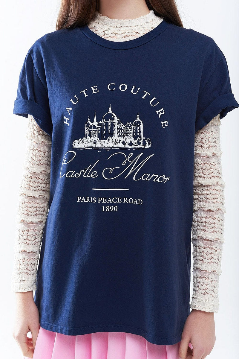 Q2 Women's Tees & Tanks One Size / Blue Blue T Shirt With Castle Manor Design