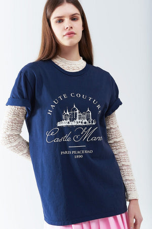 Q2 Women's Tees & Tanks One Size / Blue Blue T Shirt With Castle Manor Design