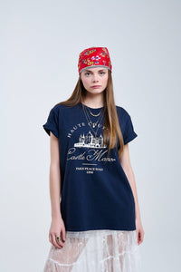 Q2 Women's Tees & Tanks One Size / Blue Blue T Shirt With Castle Manor Design