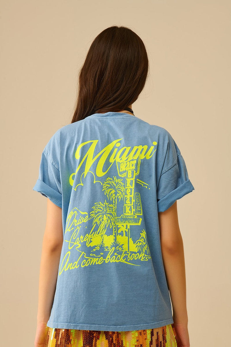Q2 Women's Tees & Tanks One Size / Blue Blue T-Shirt With Miami Logo Print In Yellow