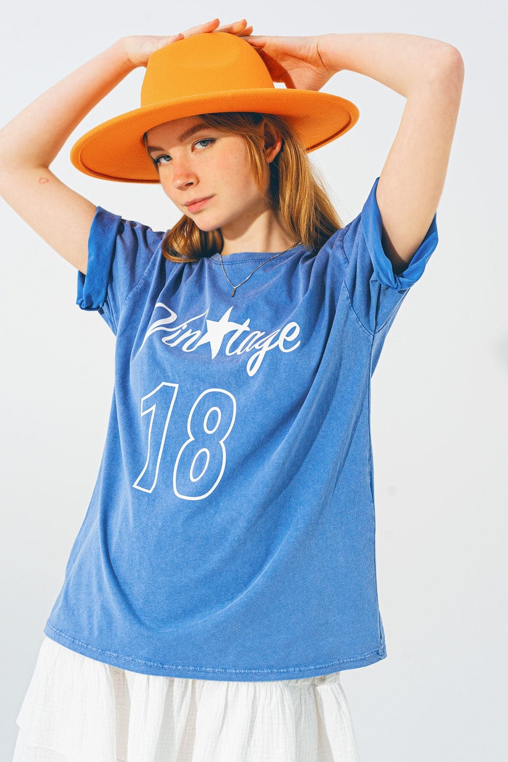 Q2 Women's Tees & Tanks One Size / Blue / China T-Shirt with Vintage 18 Text in Blue