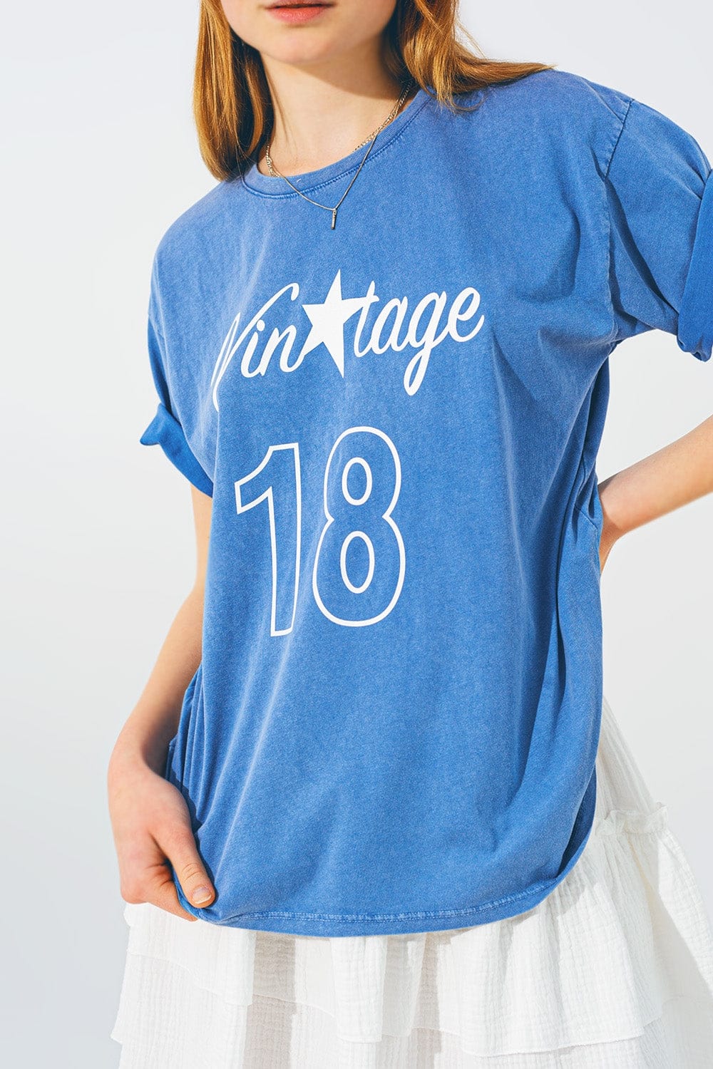 Q2 Women's Tees & Tanks One Size / Blue / China T-Shirt with Vintage 18 Text in Blue