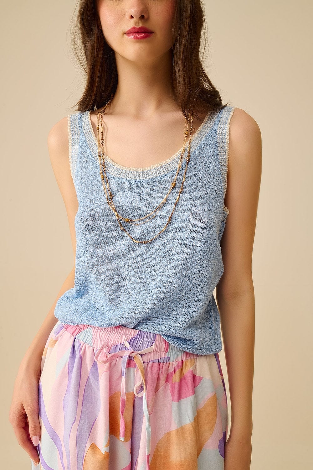 Q2 Women's Tees & Tanks One Size / Blue Light Blue Knit Tank Top With White Trim