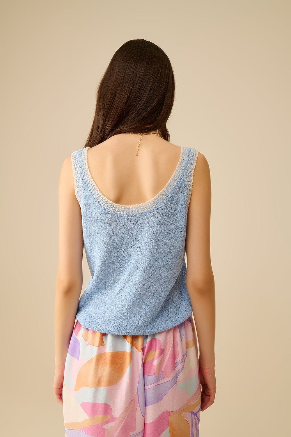 Q2 Women's Tees & Tanks One Size / Blue Light Blue Knit Tank Top With White Trim