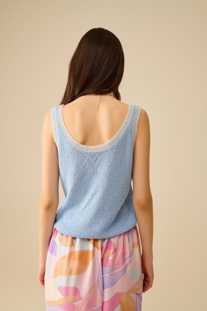 Q2 Women's Tees & Tanks One Size / Blue Light Blue Knit Tank Top With White Trim