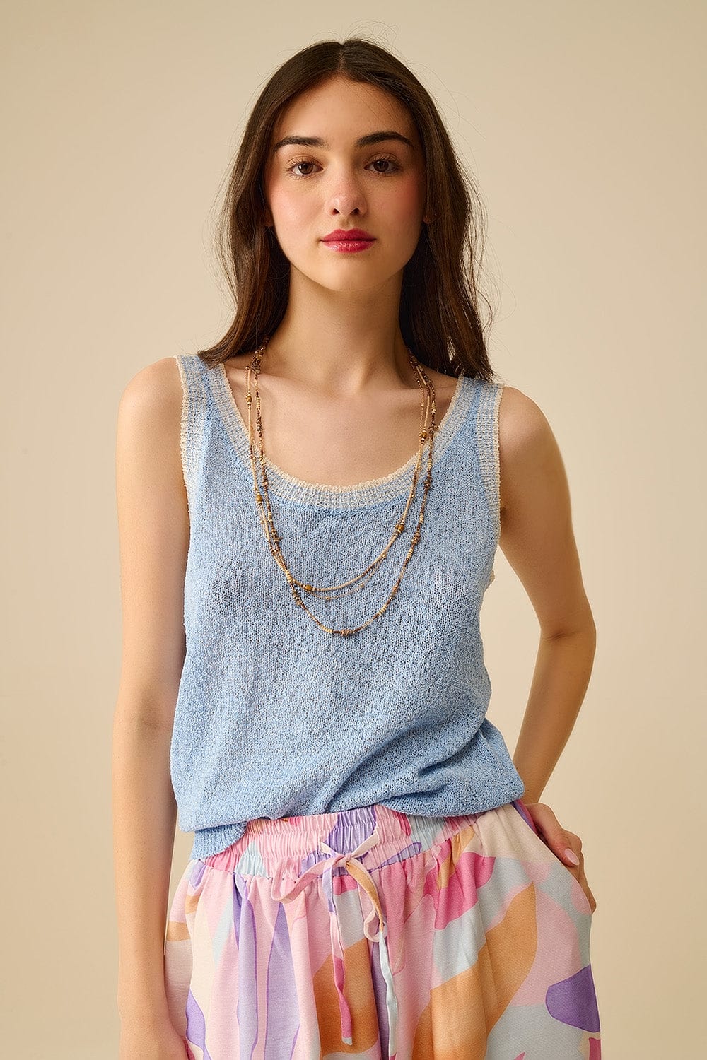 Q2 Women's Tees & Tanks One Size / Blue Light Blue Knit Tank Top With White Trim