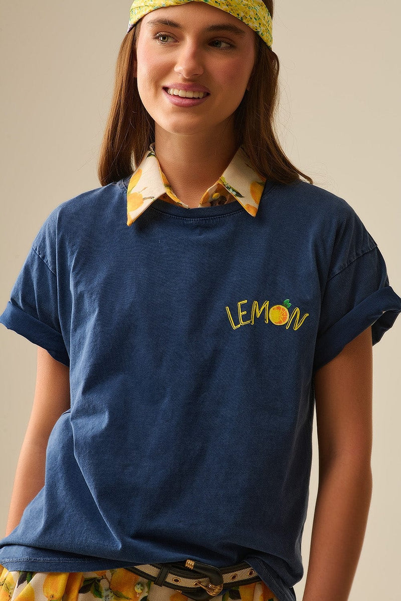 Q2 Women's Tees & Tanks One Size / Blue Made In Italy Navy T-Shirt With Lemon Graphic