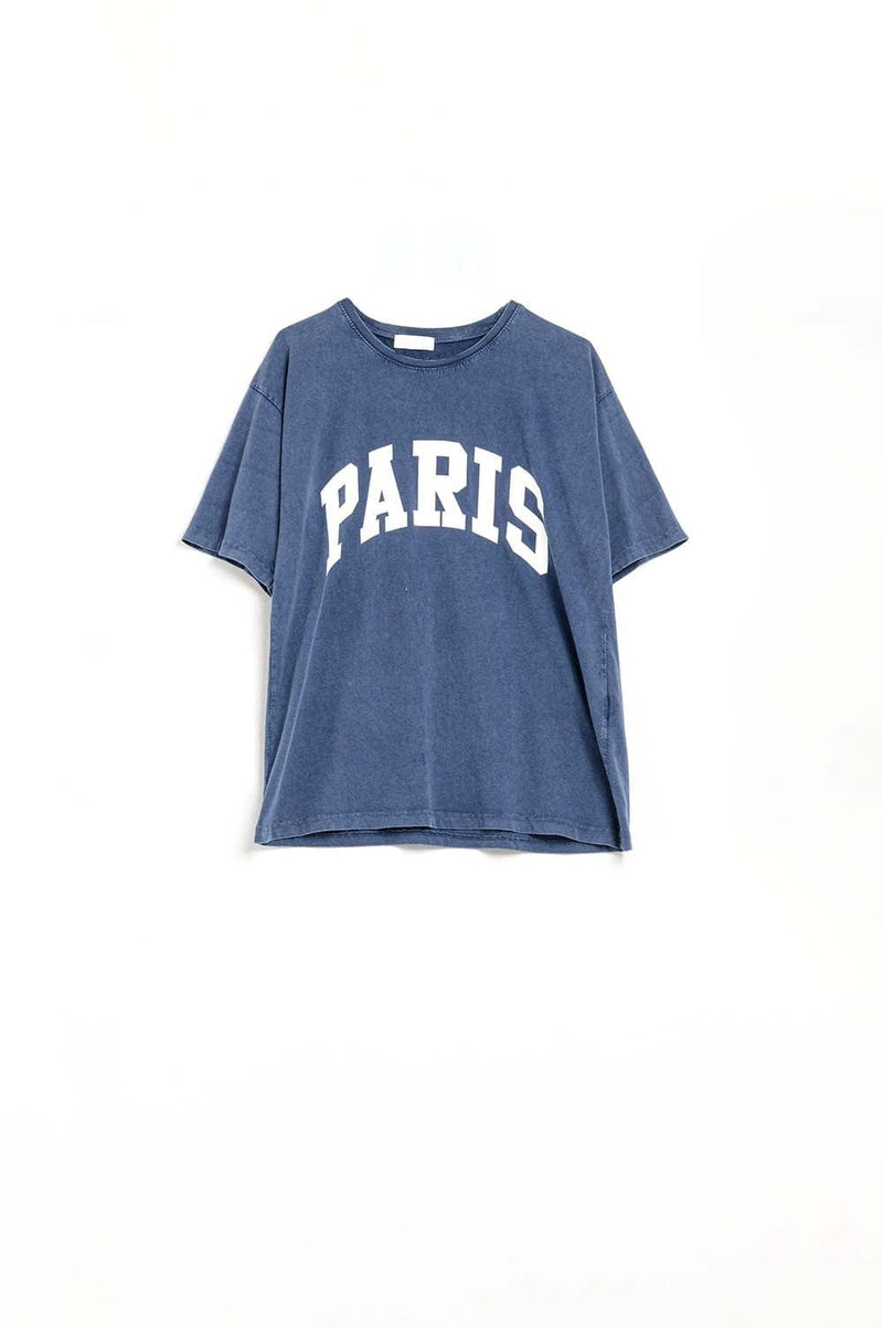 Q2 Women's Tees & Tanks One Size / Blue Navy Paris Relaxed T-Shirt With White Letters