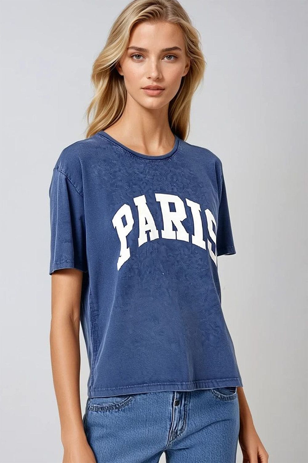 Q2 Women's Tees & Tanks One Size / Blue Navy Paris Relaxed T-Shirt With White Letters