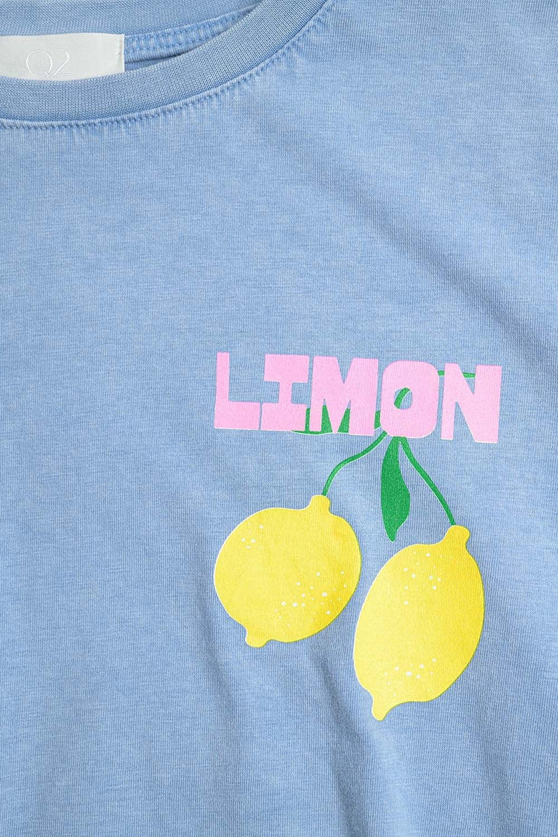 Q2 Women's Tees & Tanks One Size / Blue Relaxed Blue T-Shirt With Lemon Print