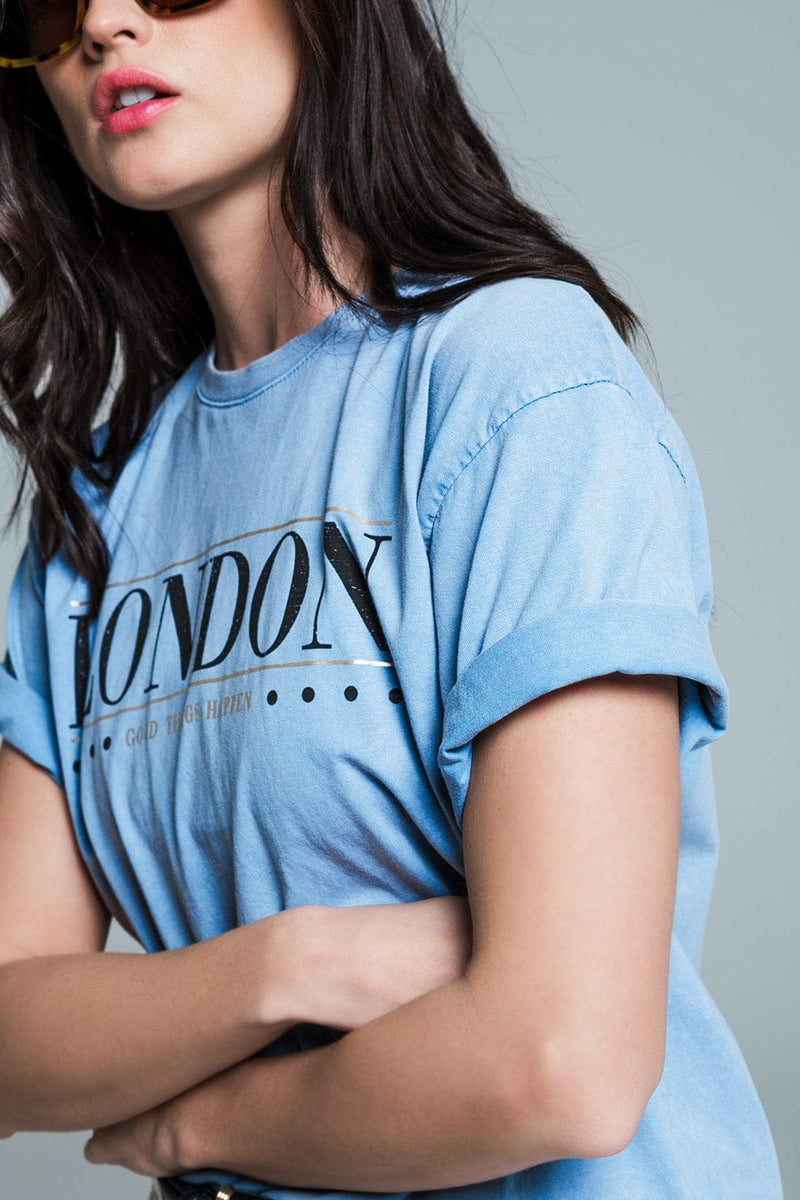 Q2 Women's Tees & Tanks One Size / Blue Relaxed Fit T-Shirt In Washed Baby Bue With London Logo