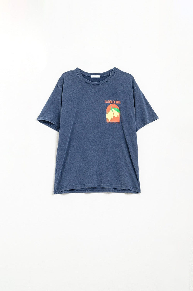 Q2 Women's Tees & Tanks One Size / Blue Relaxed Fit T-Shirt With La Dolce Vita Print In Navy Blue