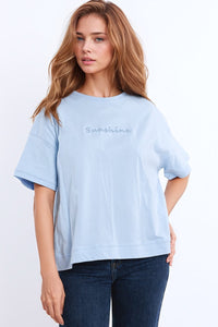 Q2 Women's Tees & Tanks One Size / Blue Sunshine Oversized T-Shirt With Textured Text At The Front In Blue