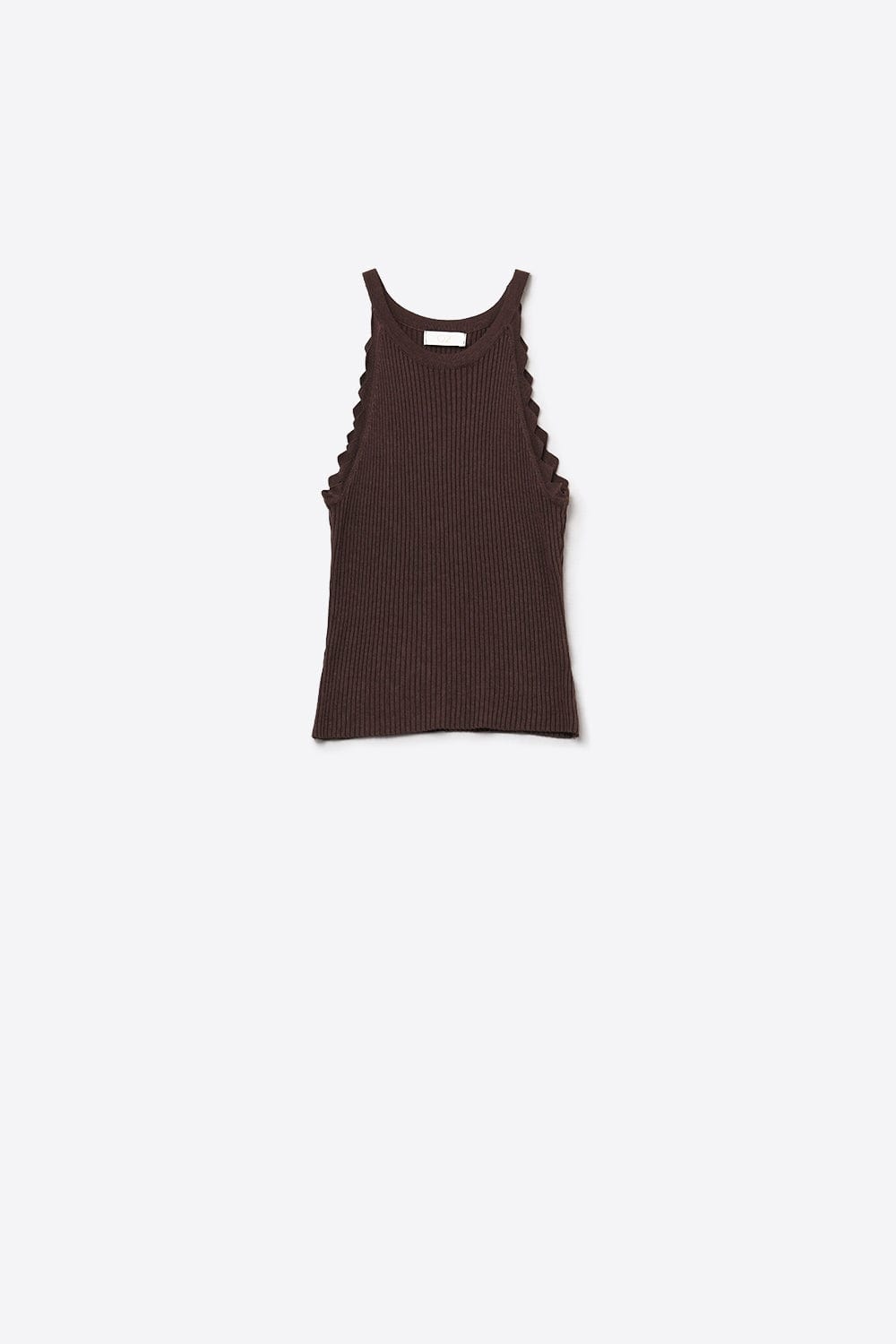 Q2 Women's Tees & Tanks One Size / Brown Ribbed Halter Top With Scalloped Finish In Brown