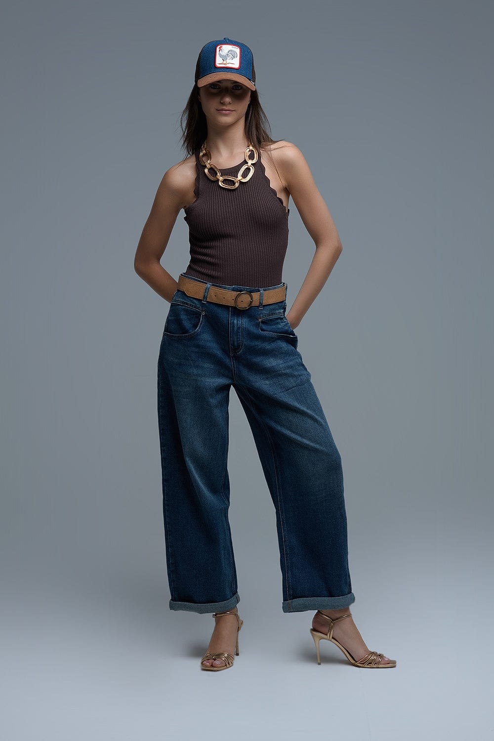 Q2 Women's Tees & Tanks One Size / Brown Ribbed Halter Top With Scalloped Finish In Brown