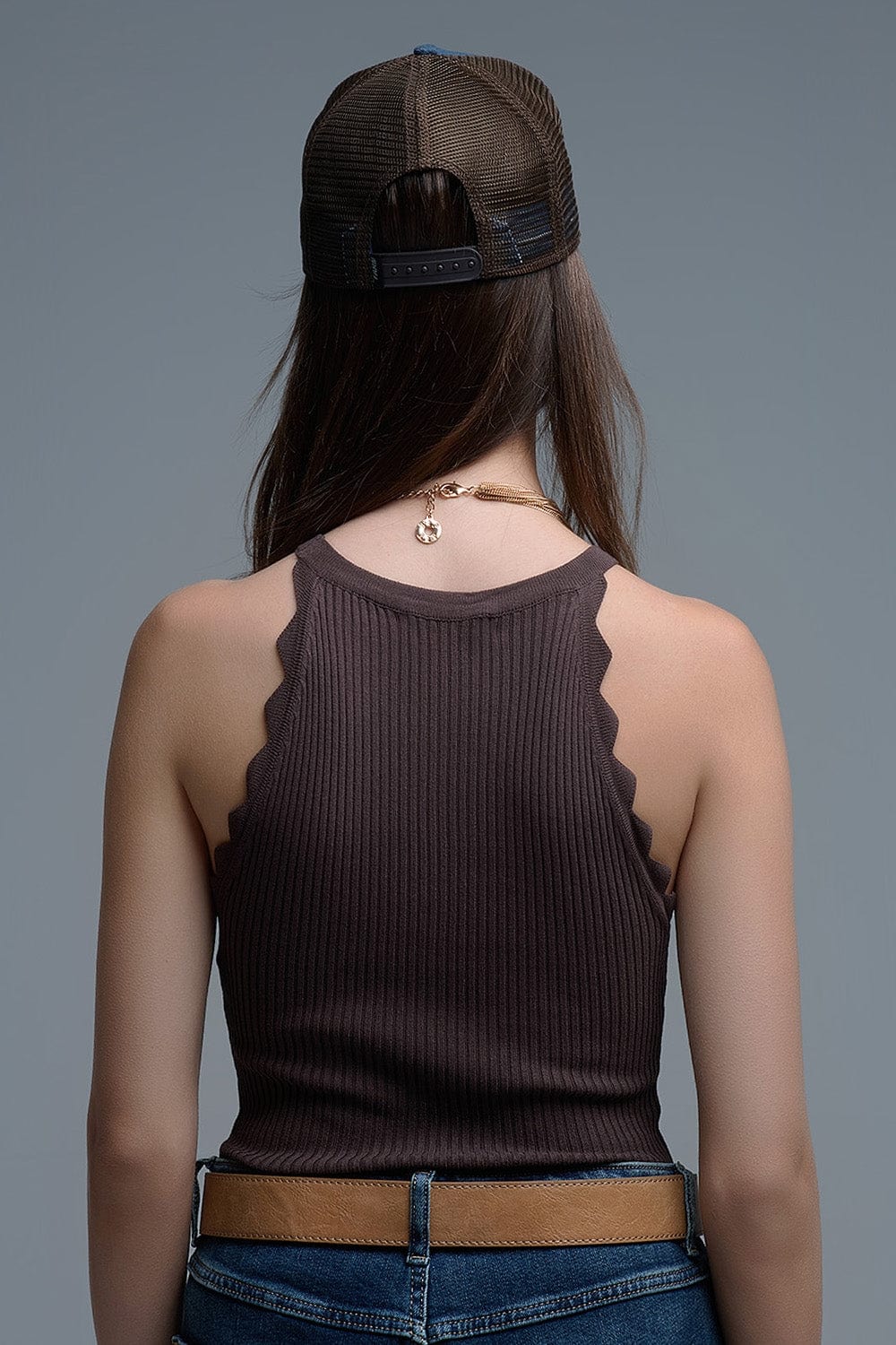 Q2 Women's Tees & Tanks One Size / Brown Ribbed Halter Top With Scalloped Finish In Brown