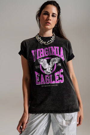Q2 Women's Tees & Tanks One Size / Fuchsia Black T-Shirt With Virgina Eagels Text In Pink