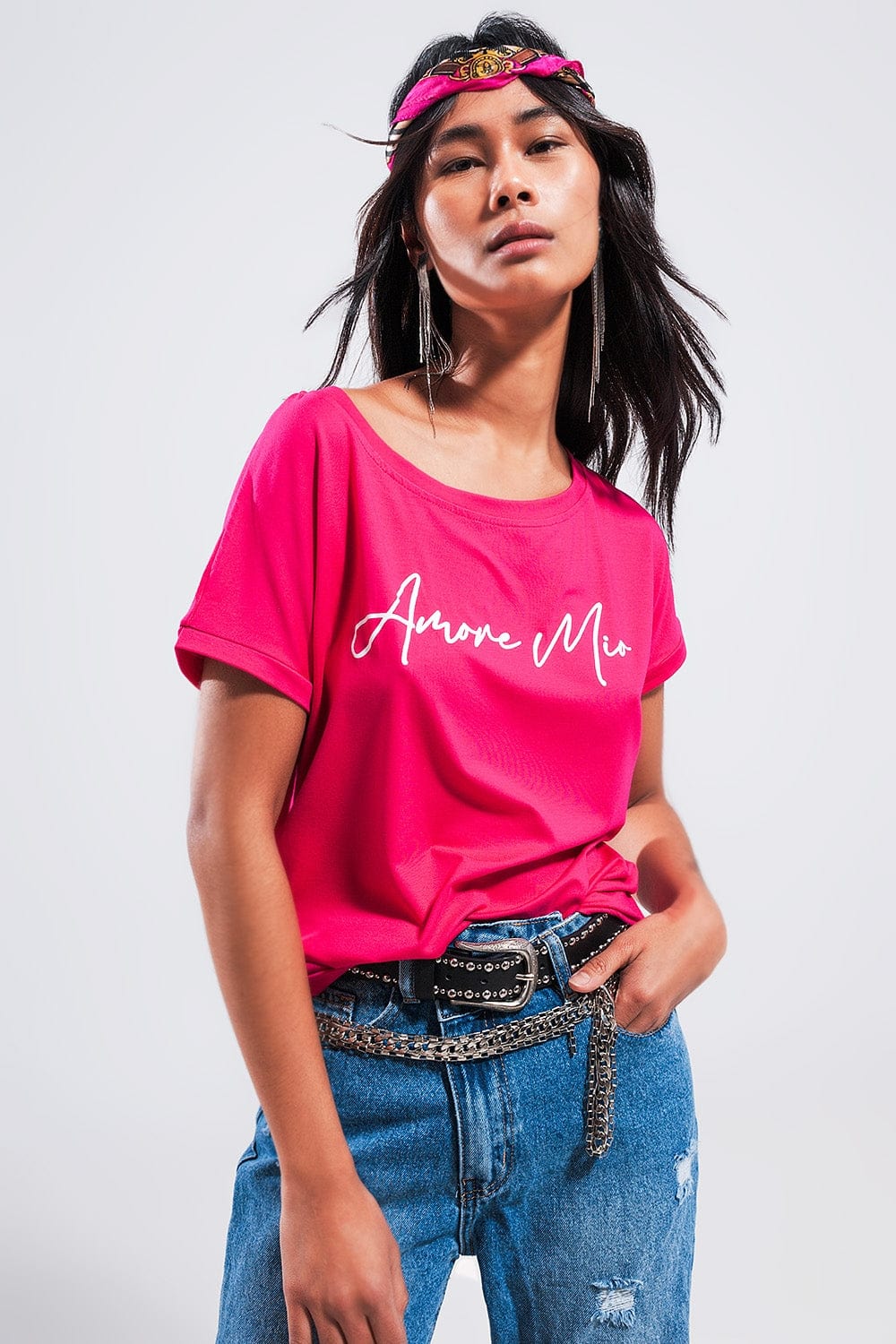 Q2 Women's Tees & Tanks One Size / Fuchsia / China Amore Mio Slogan Tee in Fuchsia